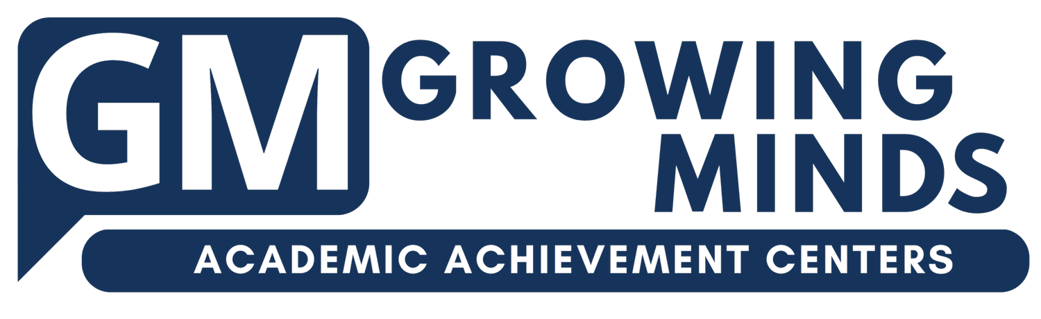 The logo features the letters "GM" in a speech bubble, followed by the text "Growing Minds Academic Achievement Centers" in bold, blue lettering.