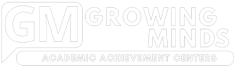 Logo for Growing Minds Academic Achievement Centers, featuring the initials "GM" in a speech bubble and the organization’s full name to the right.