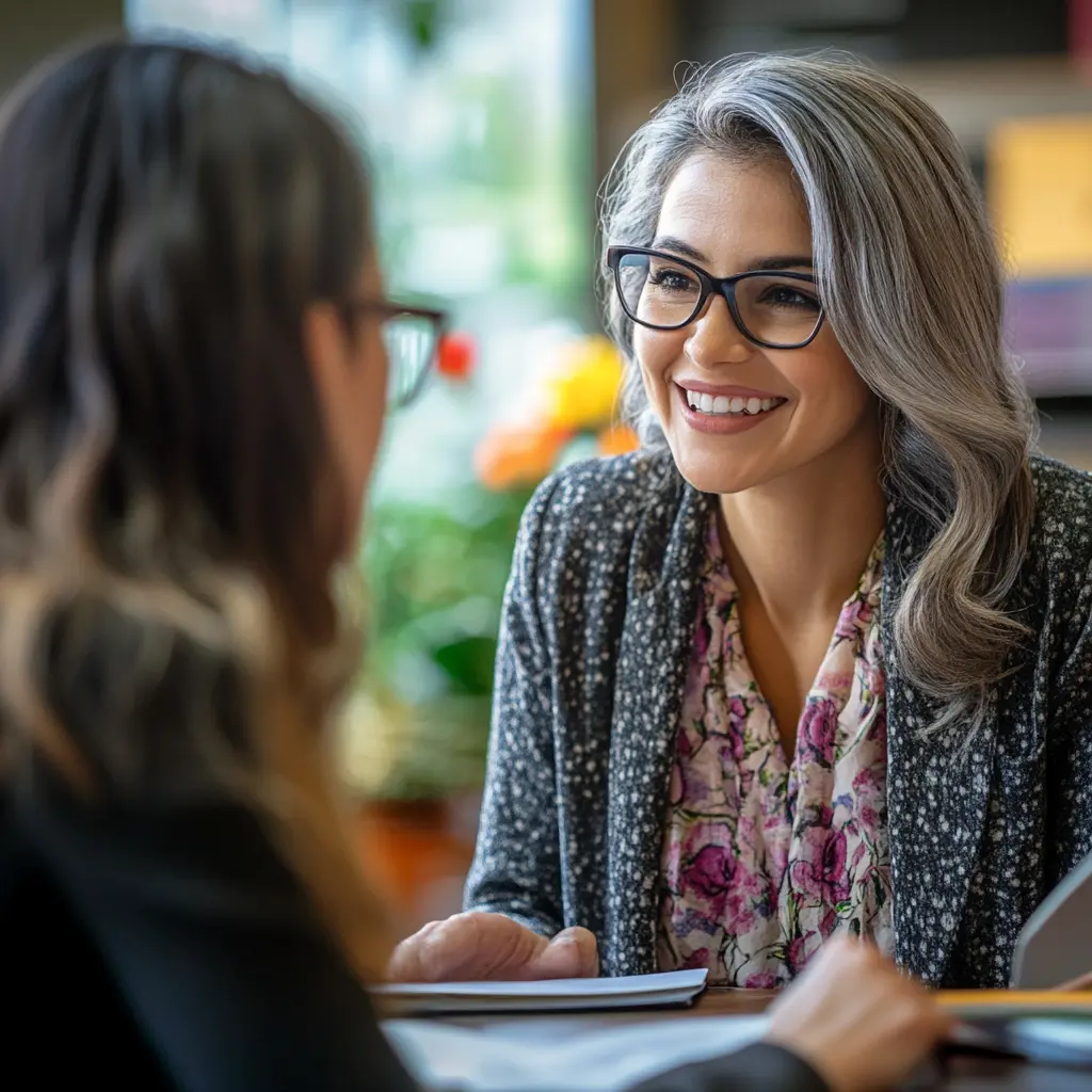 A woman smiling at another woman.