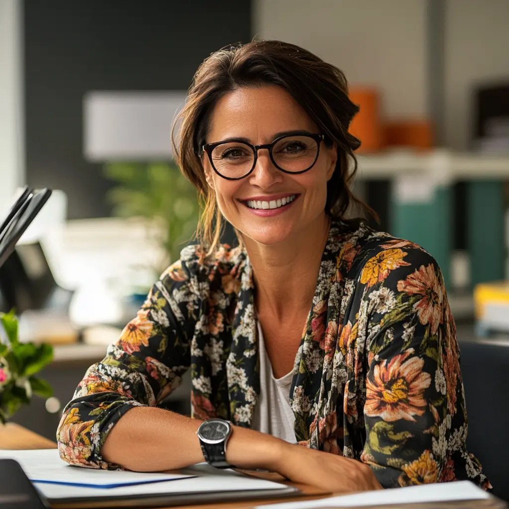A woman wearing glasses and a floral blazer sits at a desk, smiling, with office supplies and shelves in the background.