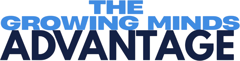 Text logo reads: "The Growing Minds Advantage" with "Growing Minds" in light blue and "Advantage" in dark blue, all in bold capital letters.