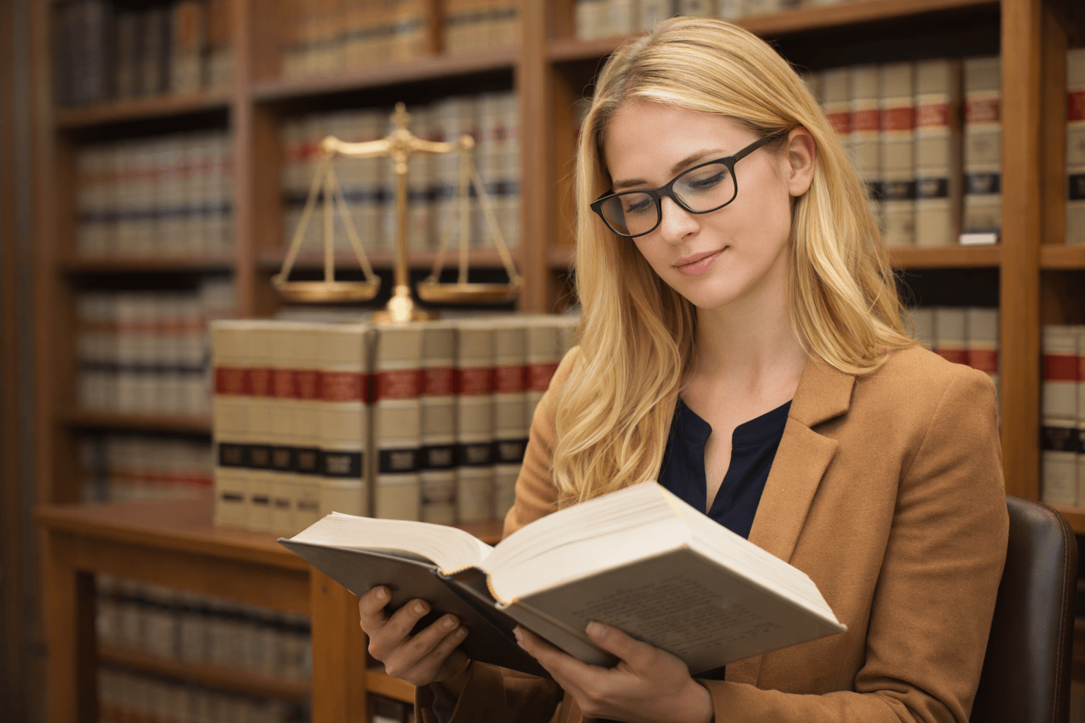 A close-up of a woman studying law books in a library setting.