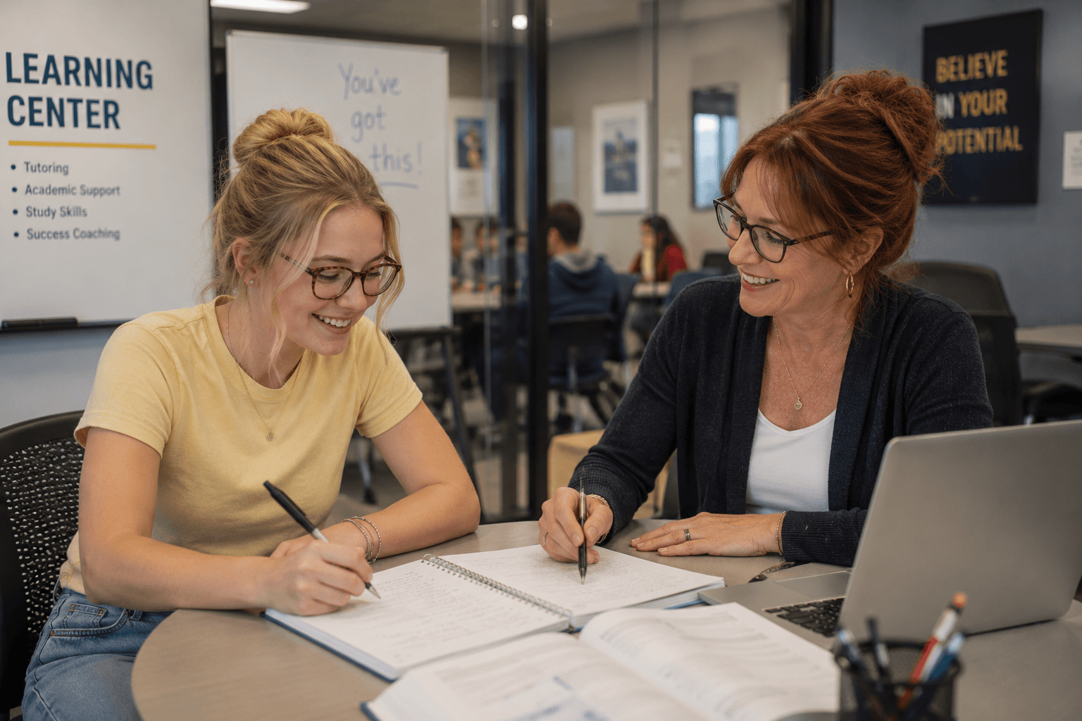 A collaborative learning experience between a student and a tutor at a learning center.