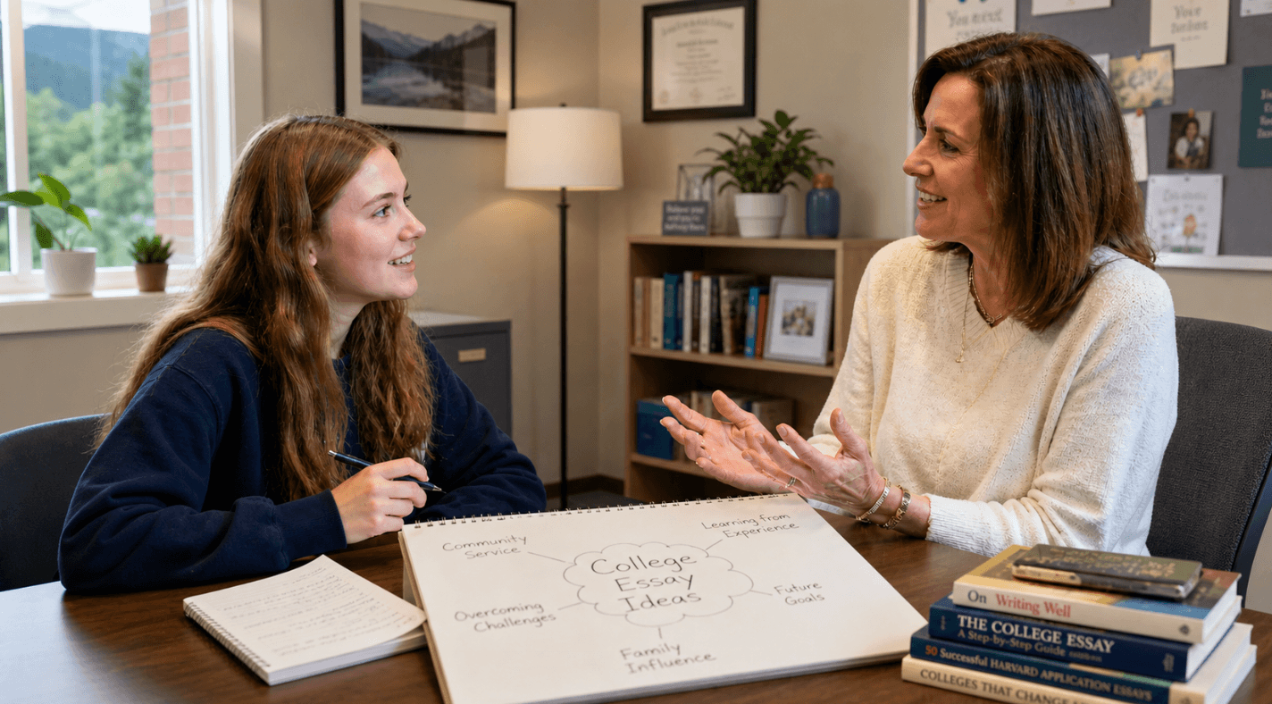A student discussing college essay ideas with a mentor in a cozy office setting.