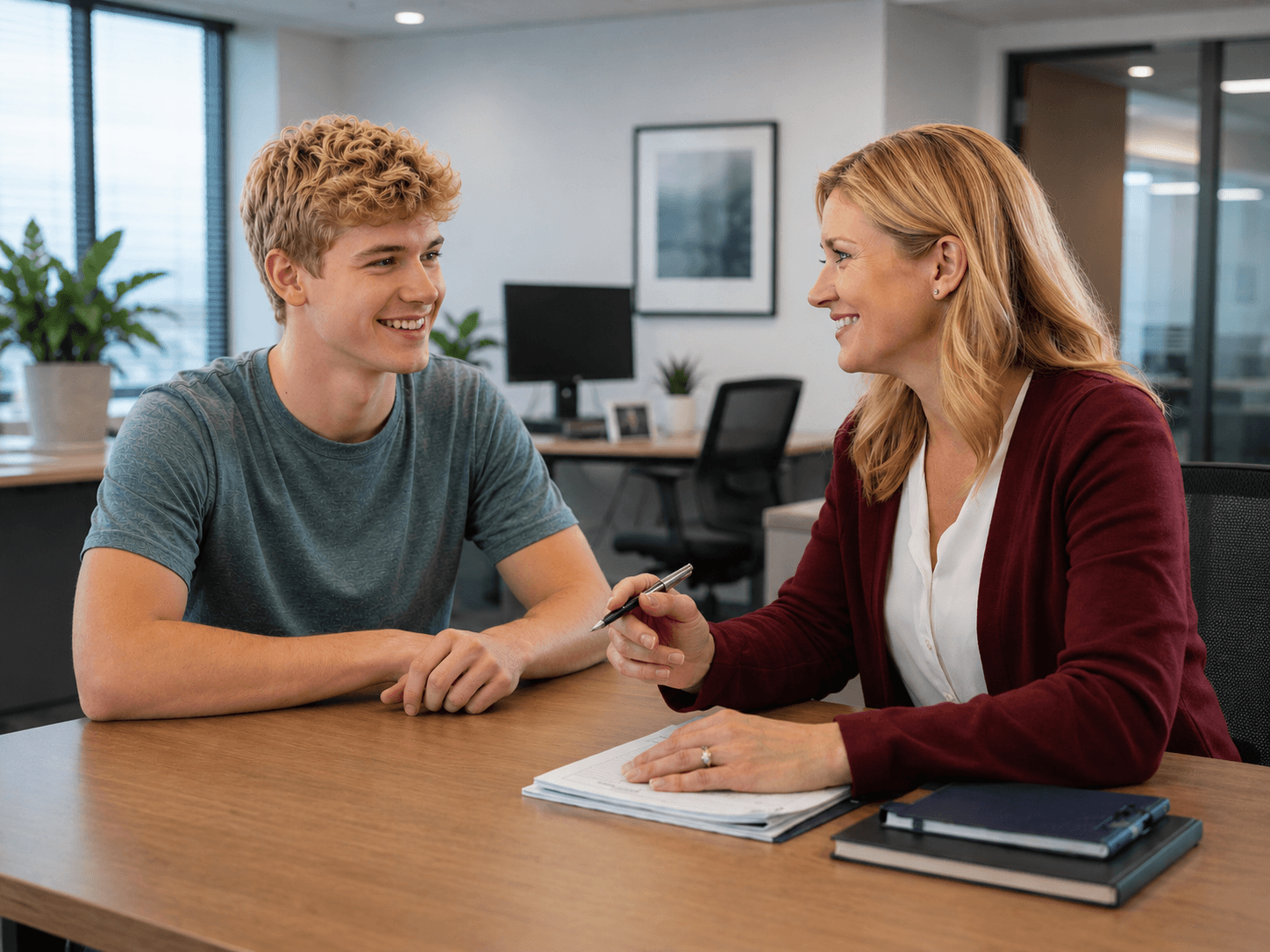 A young adult smiling during a professional consultation in a modern office setting.