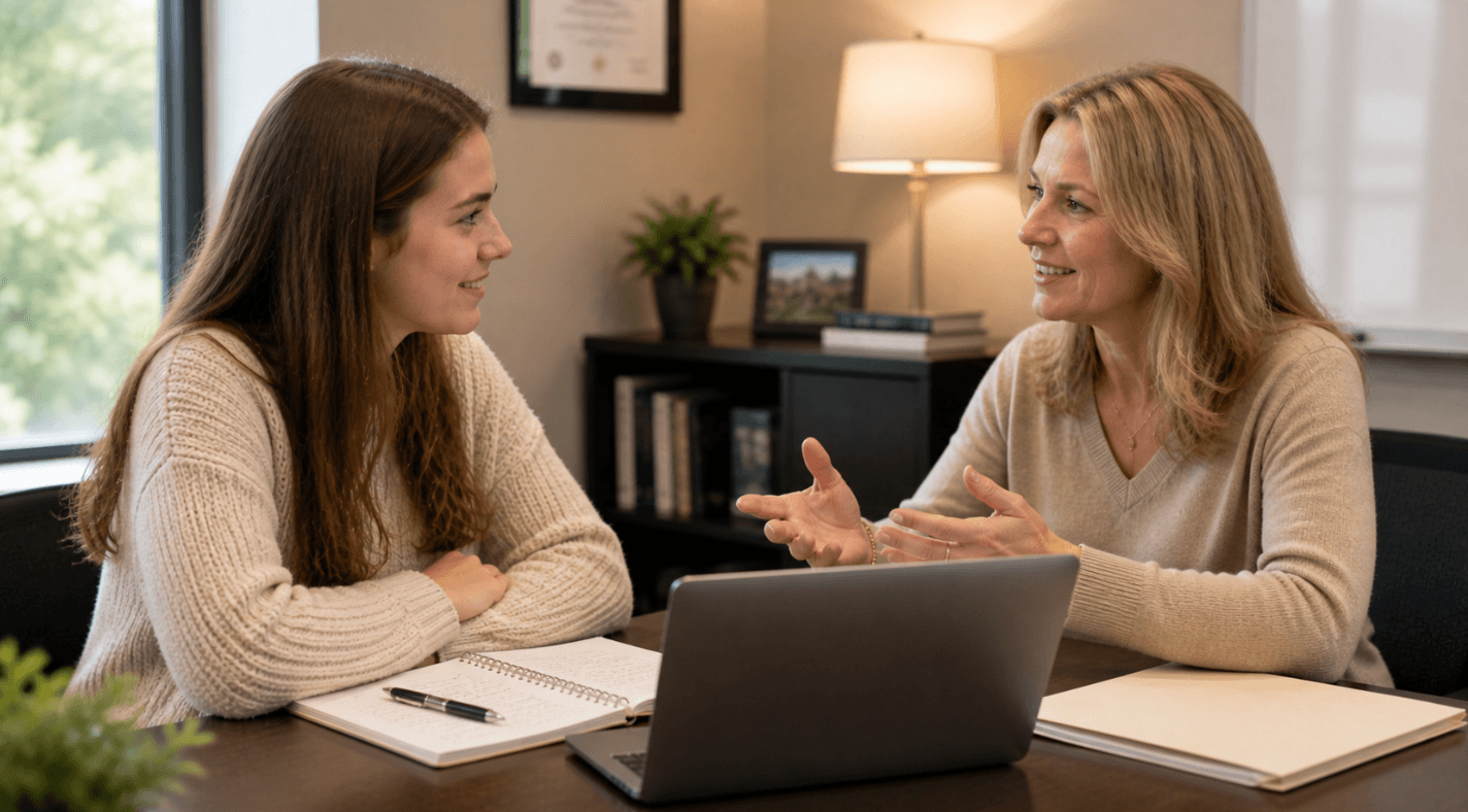 Two women engaged in a professional discussion during a mentorship session.