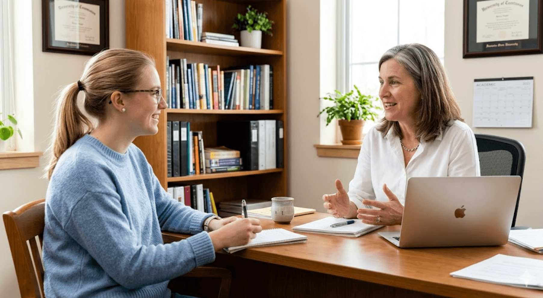 Two women engaging in a professional discussion in an office setting.