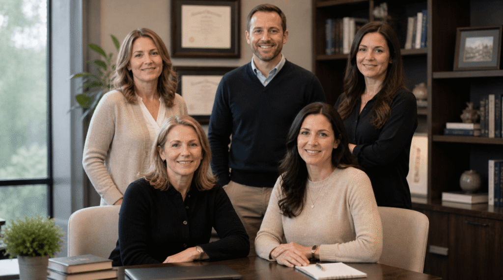A professional team gathered around a table in an office setting.