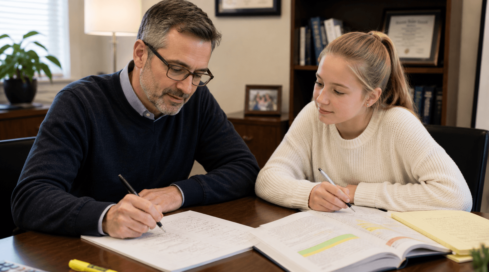 A tutor and student engaged in a focused study session with notebooks and textbooks on a wooden table.