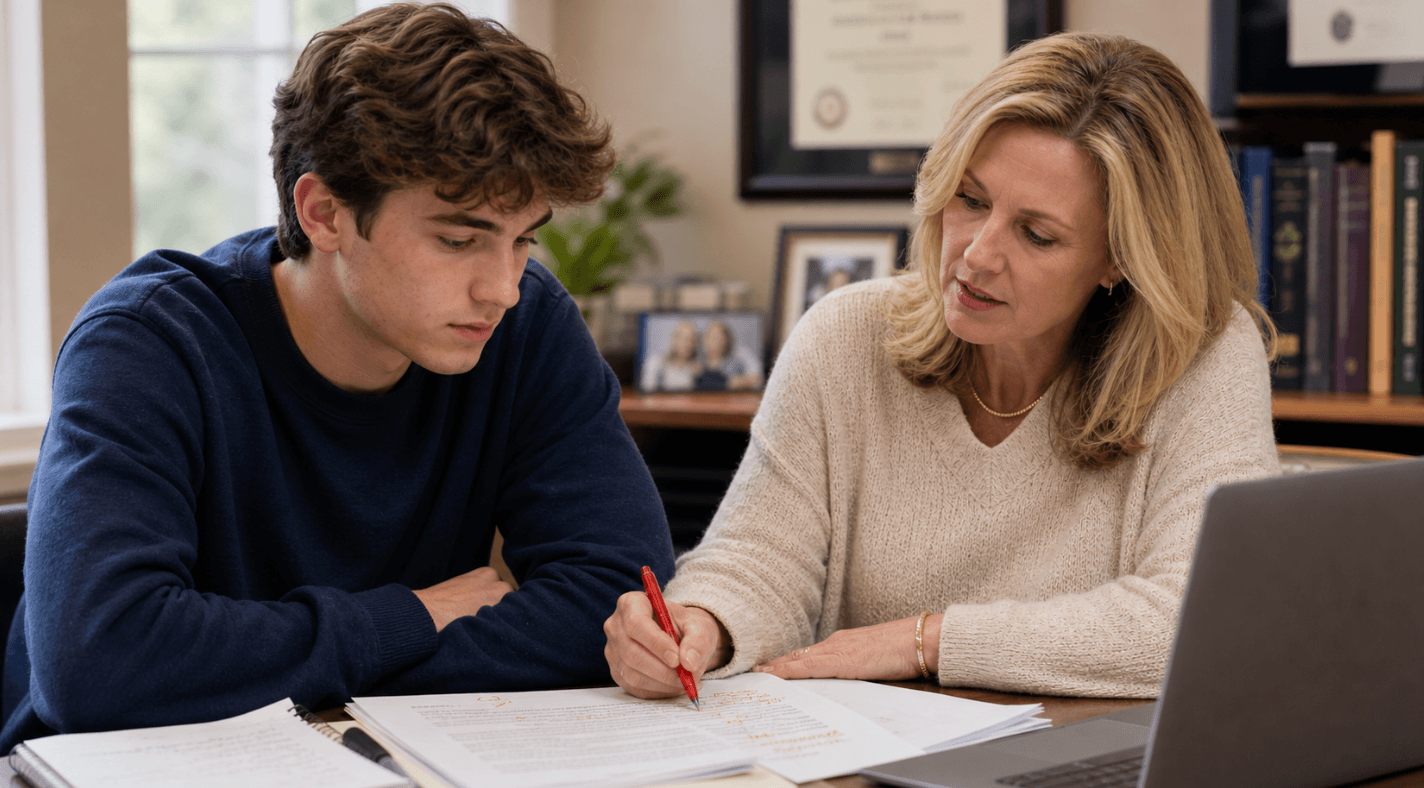A student receiving tutoring from a teacher at a desk with study materials.