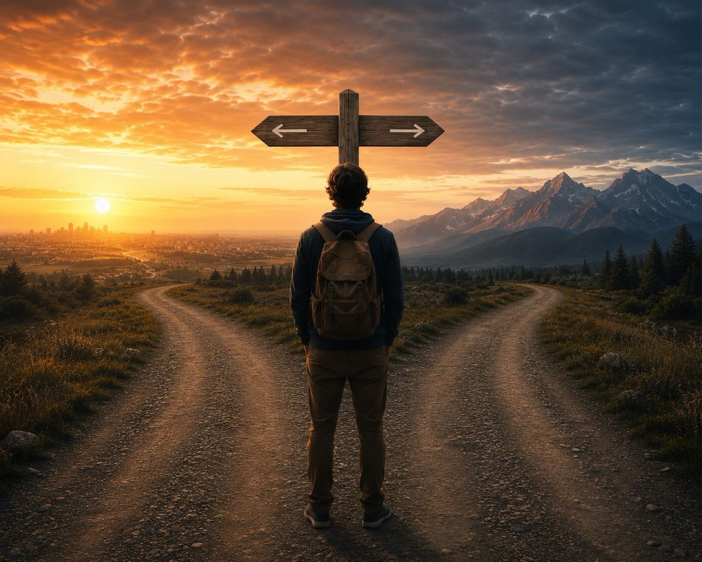 A person standing at a crossroads with a sunset backdrop, contemplating the path ahead.