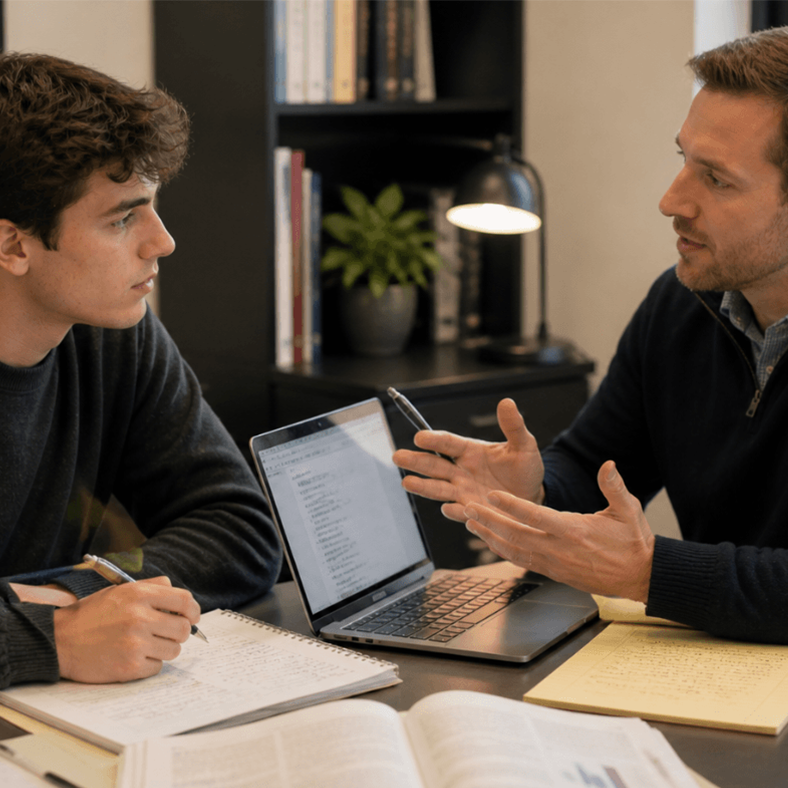 A study session where a student is focused while a teacher provides guidance.