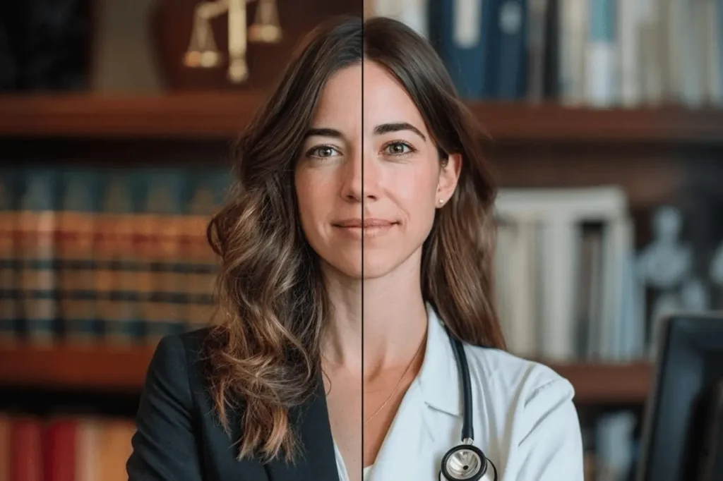 Split portrait of a young woman as a lawyer in a blazer on one side and a doctor in a white coat with a stethoscope on the other, representing the choice between law and medicine.